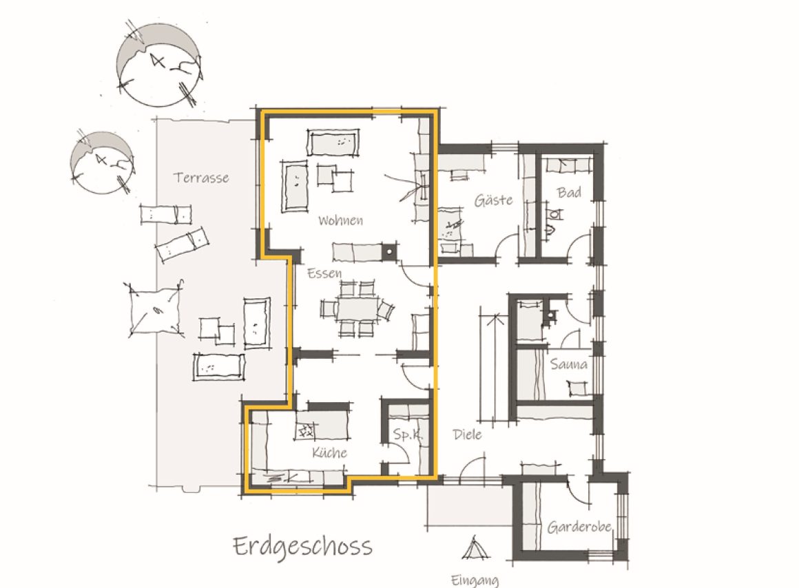 Grundriss mit offenem Lebensraum über die gesamte Länge des Hauses. 